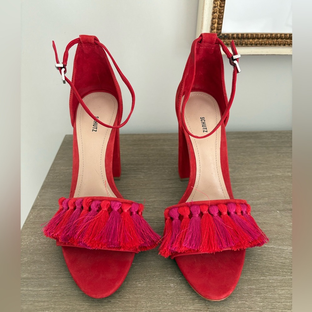 SCHUTZ Detty Red and Pink Tassel Heels